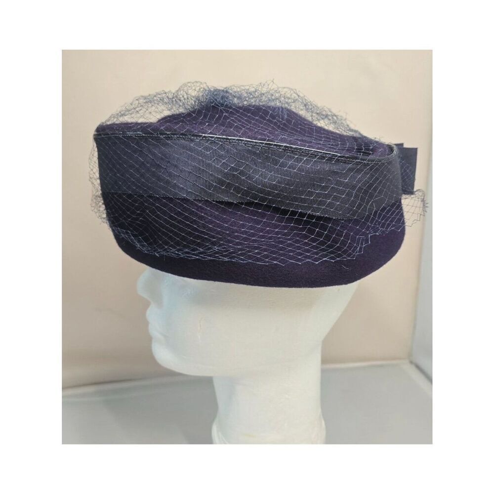 Vintage Glenover Hat Ribbon Veil pillbox Navy Blue Felt formal  derby party